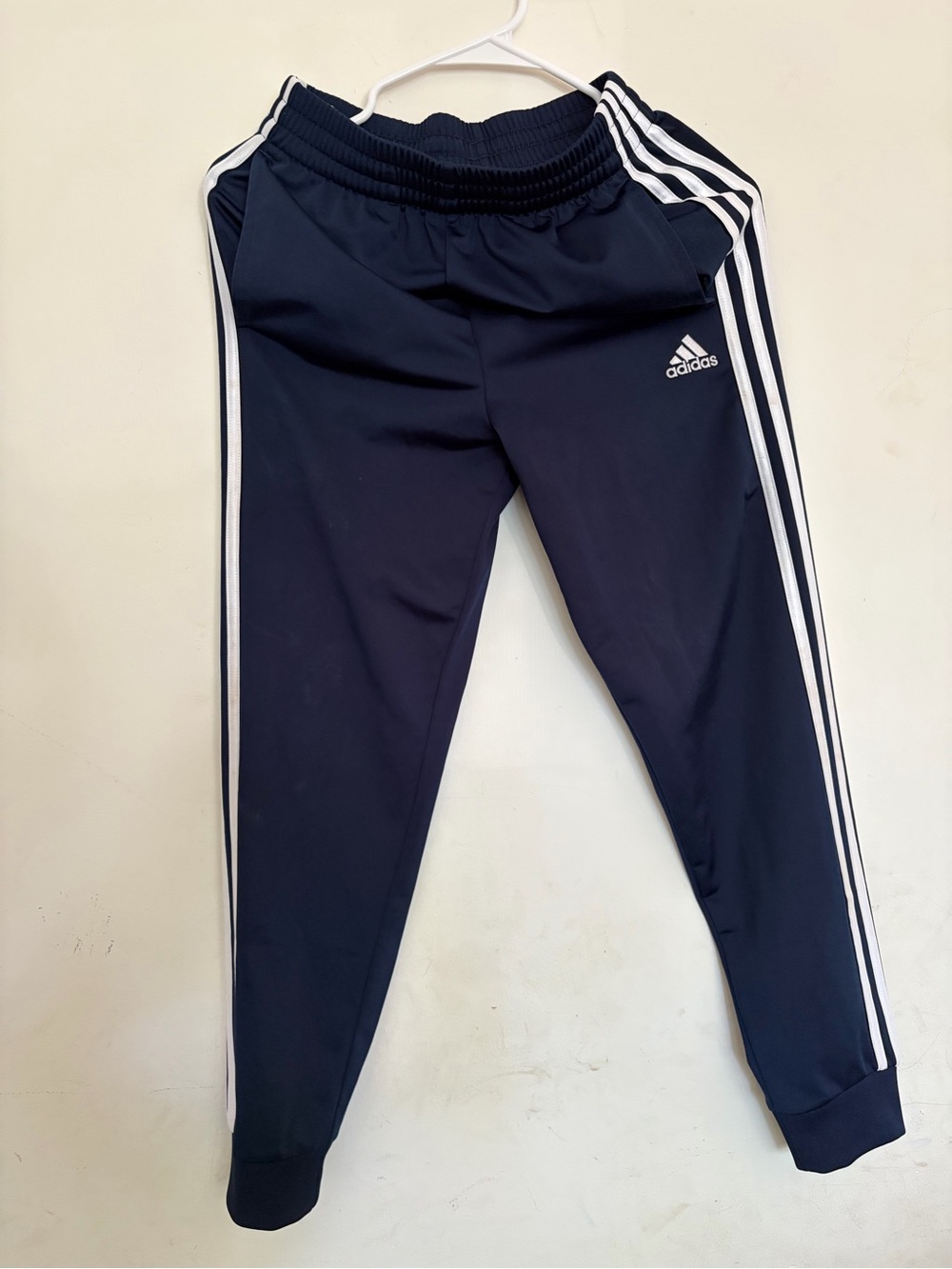 Adidas Boys Track Pants Medium 10/12 Navy Blue White 3 Stripe Tapered Joggers